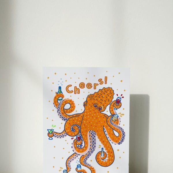 Cheers Octopus Funny Celebration Congratulations Birthday A6 Greeting Card