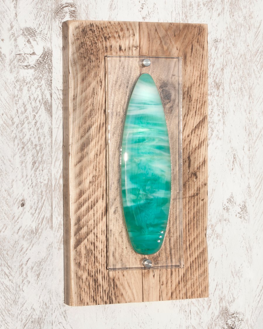 Surfboard Picture - Wispy Teal Fused Glass Mounted on Reclaimed Wood