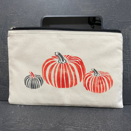 Eco Pumpkin Hand Printed Zip Bag - Make Up, Gadget, Cosmetic, Pencil case