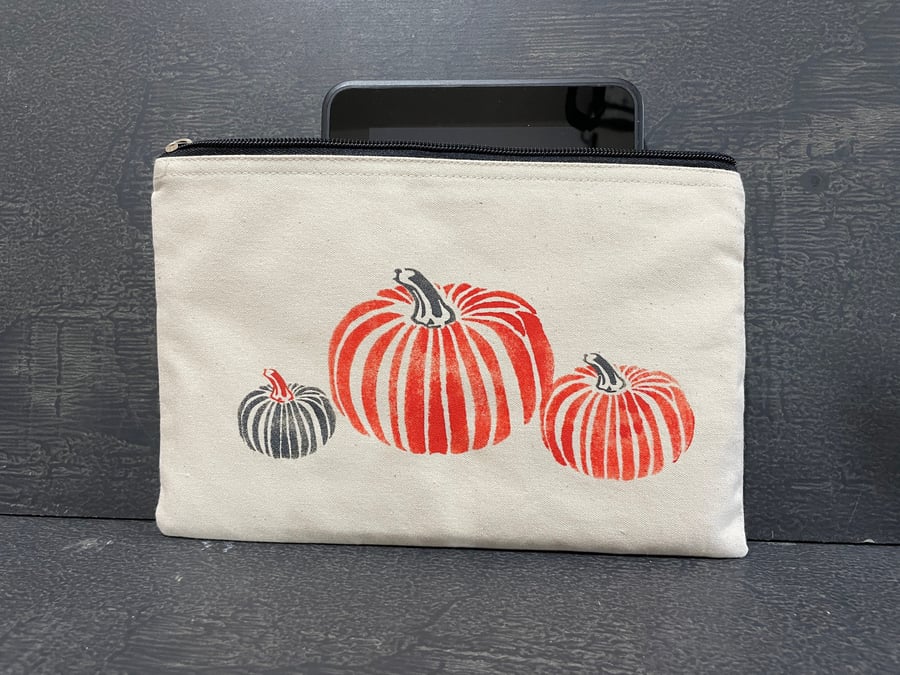 Eco Pumpkin Hand Printed Zip Bag - Make Up, Gadget, Cosmetic, Pencil case