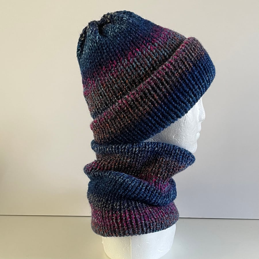 Dark Blue Knitted Beanie and Cowl Neck Warmer Set, Reversible Double Layered 