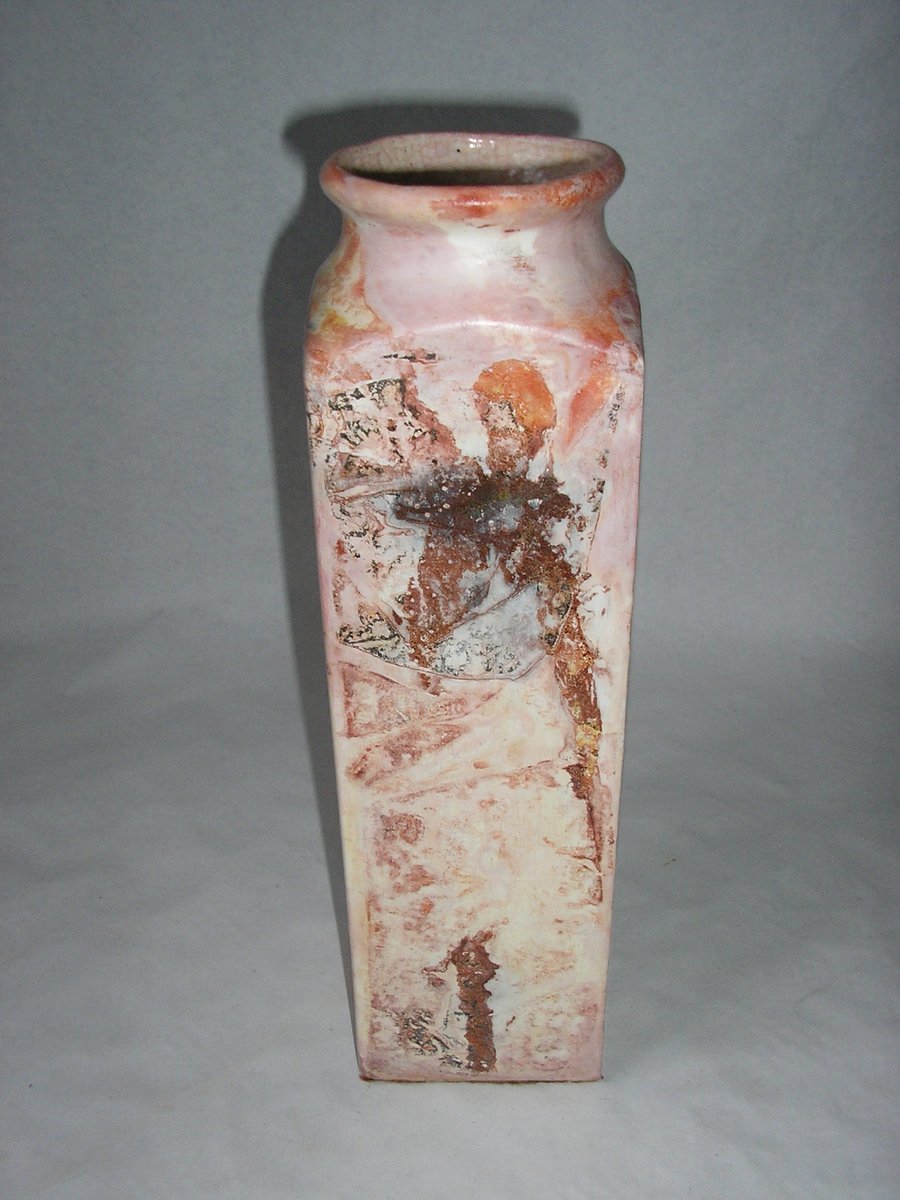 POTTERY EARTHENWARE DECORATIVE SQUARE VASE 11 INS TALL X 3 INS WIDE