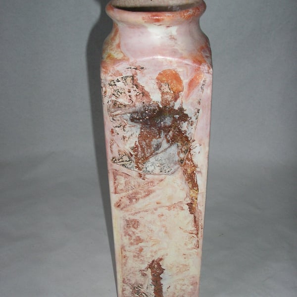 POTTERY EARTHENWARE DECORATIVE SQUARE VASE 11 INS TALL X 3 INS WIDE