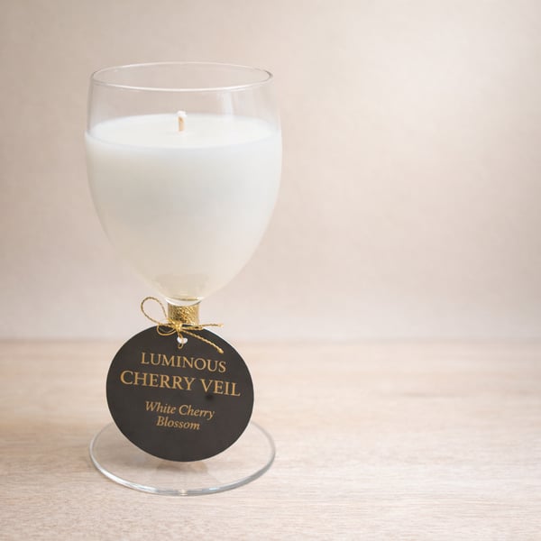 White Cherry Blossom Candle in Wine Glass Hand-poured LUMINOUS
