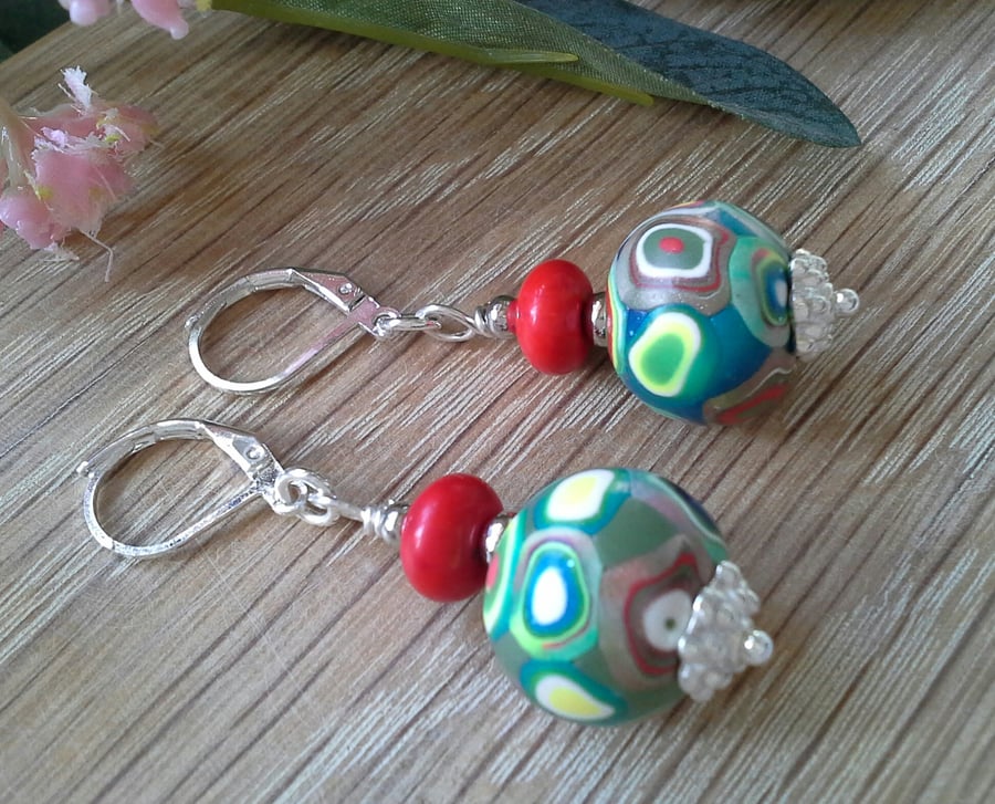 Magnasite & Polymer Clay Silver Plate Leaver Back Earrings