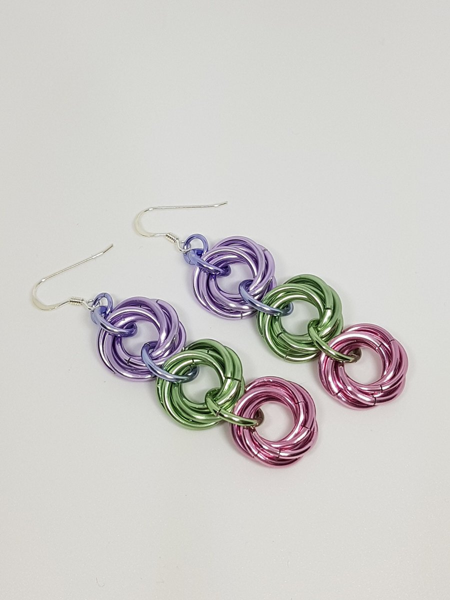 Pink, Green and Purple Tri-Coloured Mobius Rose Chainmaille Sterling Silver Earr