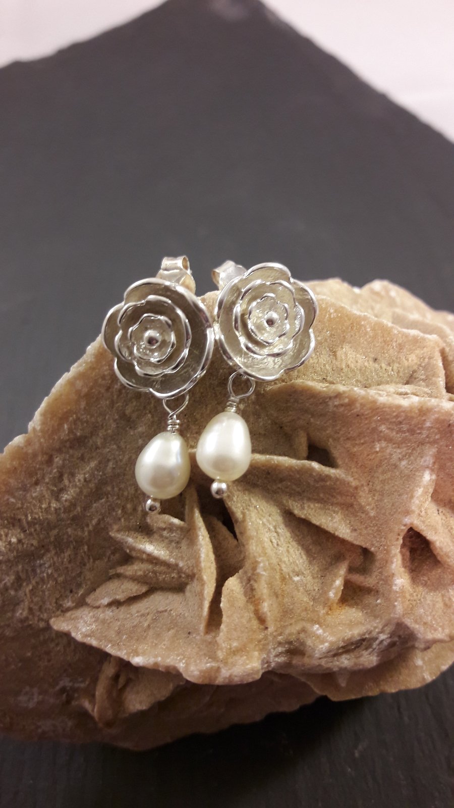 Sterling Silver Rose and Pearl Earrings 