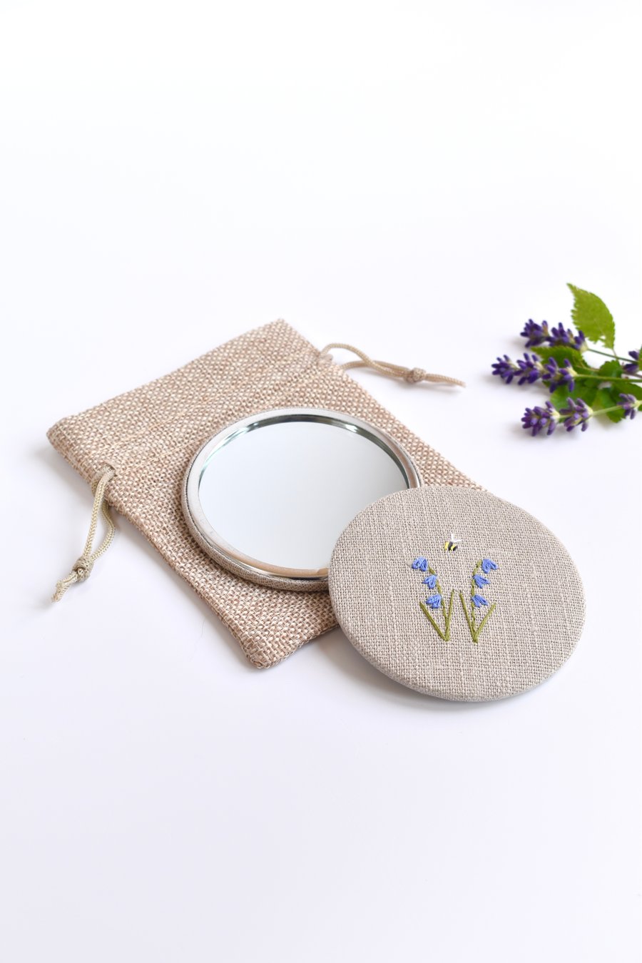 Bluebell Pocket Mirror, hand embroidered mirror, hand mirror, compact mirror