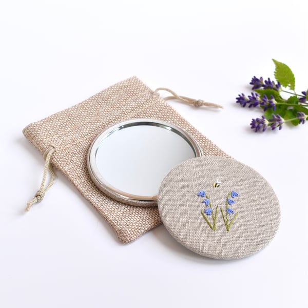 Bluebell Pocket Mirror, hand embroidered mirror, hand mirror, compact mirror