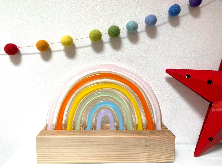 Fused Glass Pastel Rainbow with wooden block