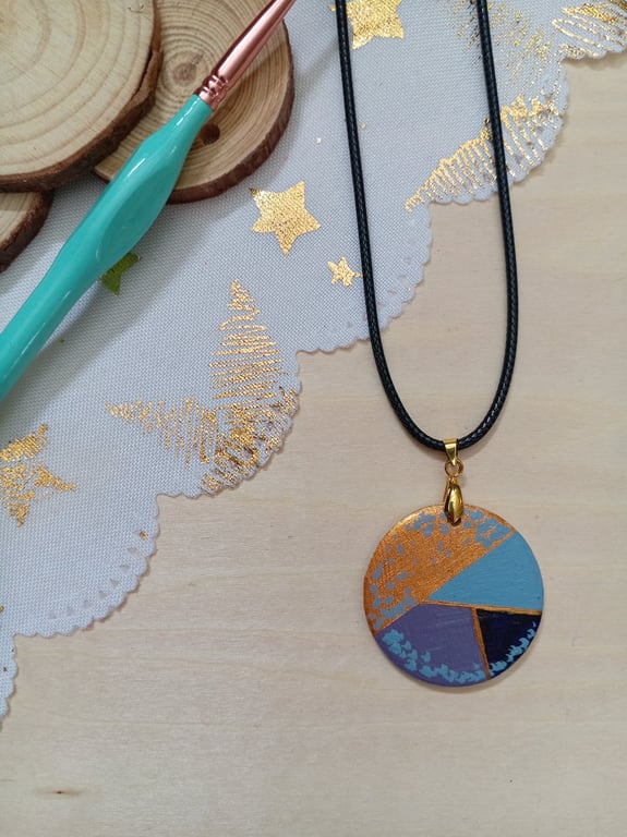 Pastel geometric patterned hand painted wooden necklace 