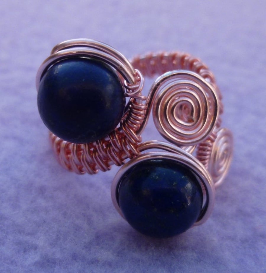 Lapis Lazuli Wire Wrapped Ladies Adjustable Semi Precious Ring