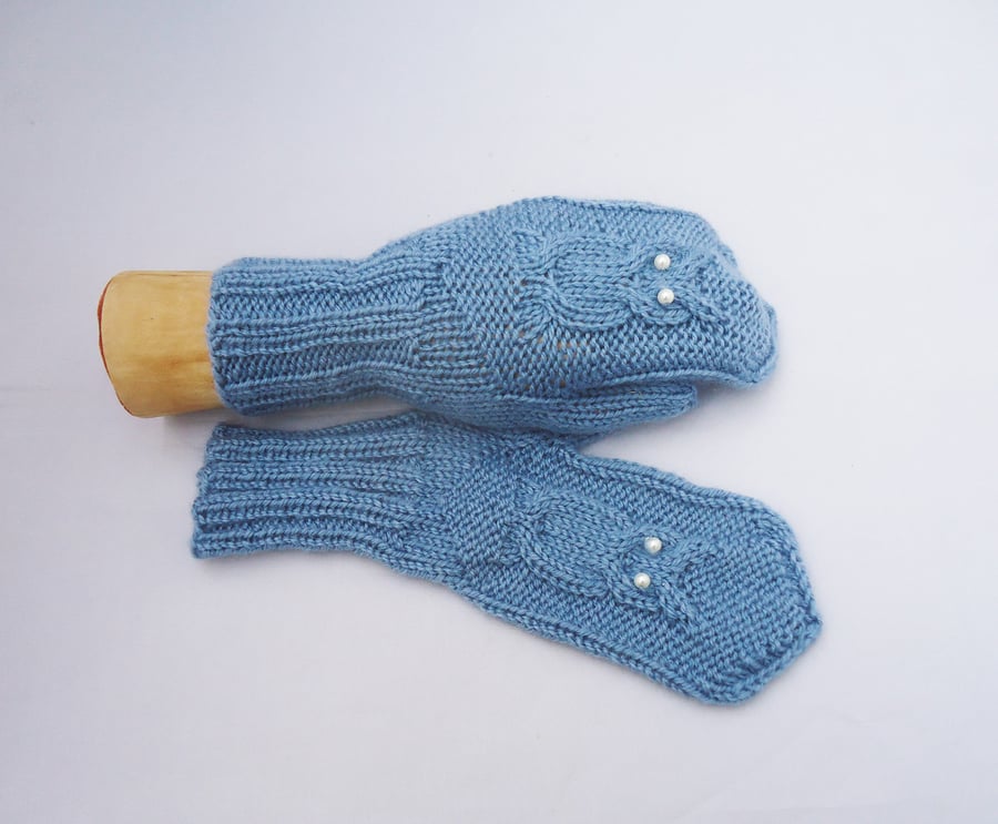 Owl Women Mittens, Winter Owl Mittens, Blue Knit Owl Mittens