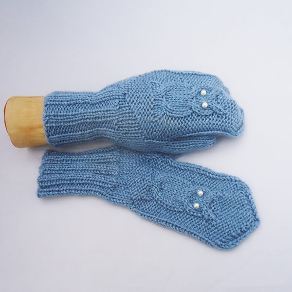 Owl Women Mittens, Winter Owl Mittens, Blue Knit Owl Mittens