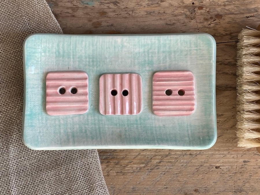 Handmade Pottery Soap Dish Pink and Turquoise 