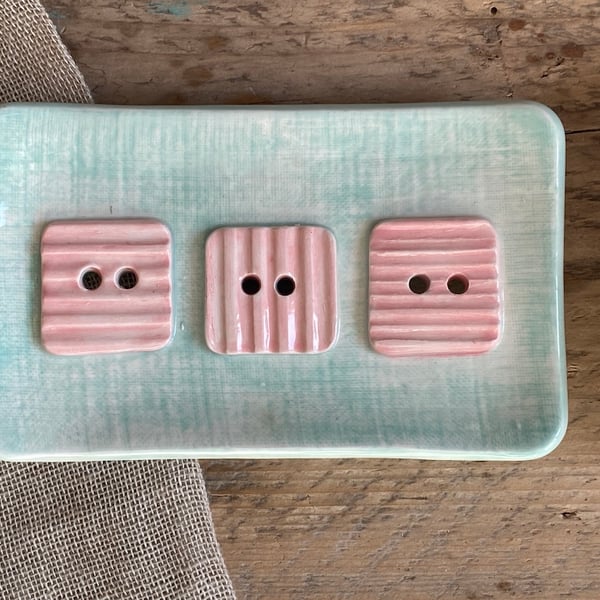 Handmade Pottery Soap Dish Pink and Turquoise 