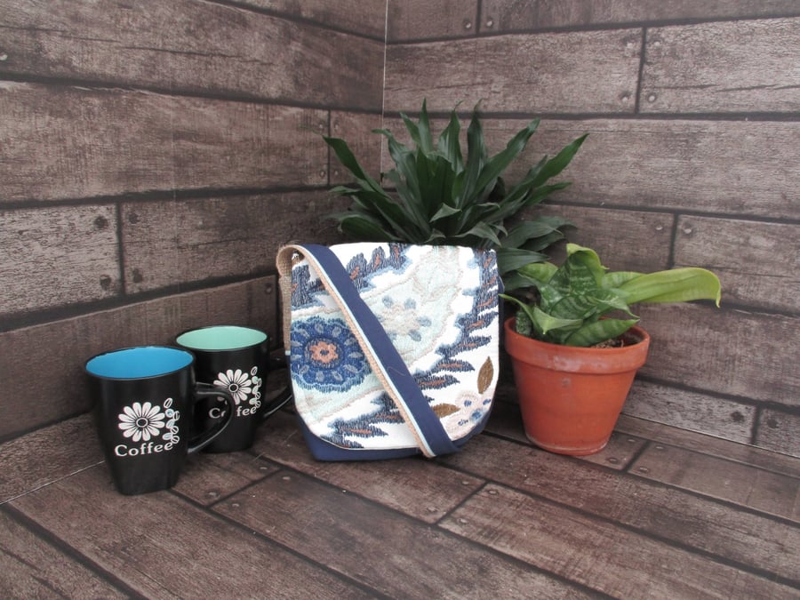 Upcycled Coffee Sack - Mini Shoulder Bag - Turquoise and blue pattern