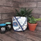 Upcycled Coffee Sack - Mini Shoulder Bag - Turquoise and blue pattern