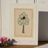 Bird in a Tree, hand embroidered miniature textile on card, detailed fine work
