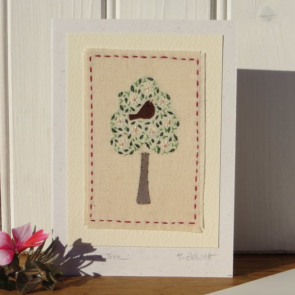 Bird in a Tree, hand embroidered miniature textile on card, detailed fine work