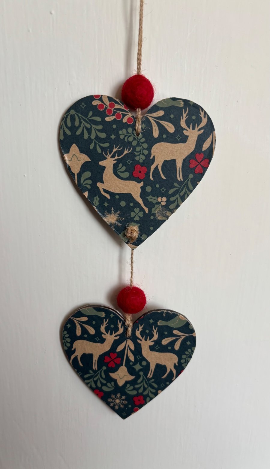 Lovely double heart Christmas stag hanger 