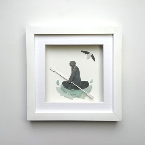 Kayaker, Pebble Art Canoeist on Cornish Sea Glass Ocean, Made in Cornwall