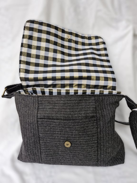 Dark grey wool mix pinstripe crossbody messenger bag with check lining