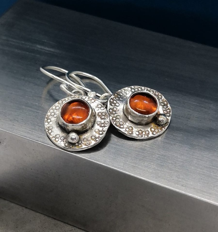 Short drop amber earrings - celtic design- recycled  silver - oval earrings