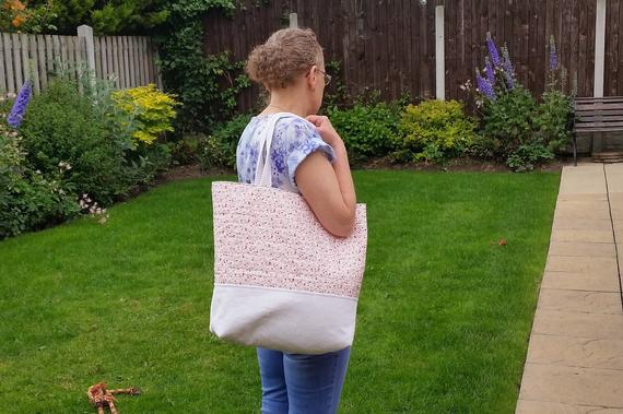 ivory corduroy and floral shoulder bag, pink floral fabric