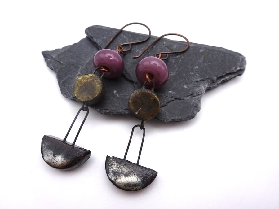 purple and copper lampwork glass earrings