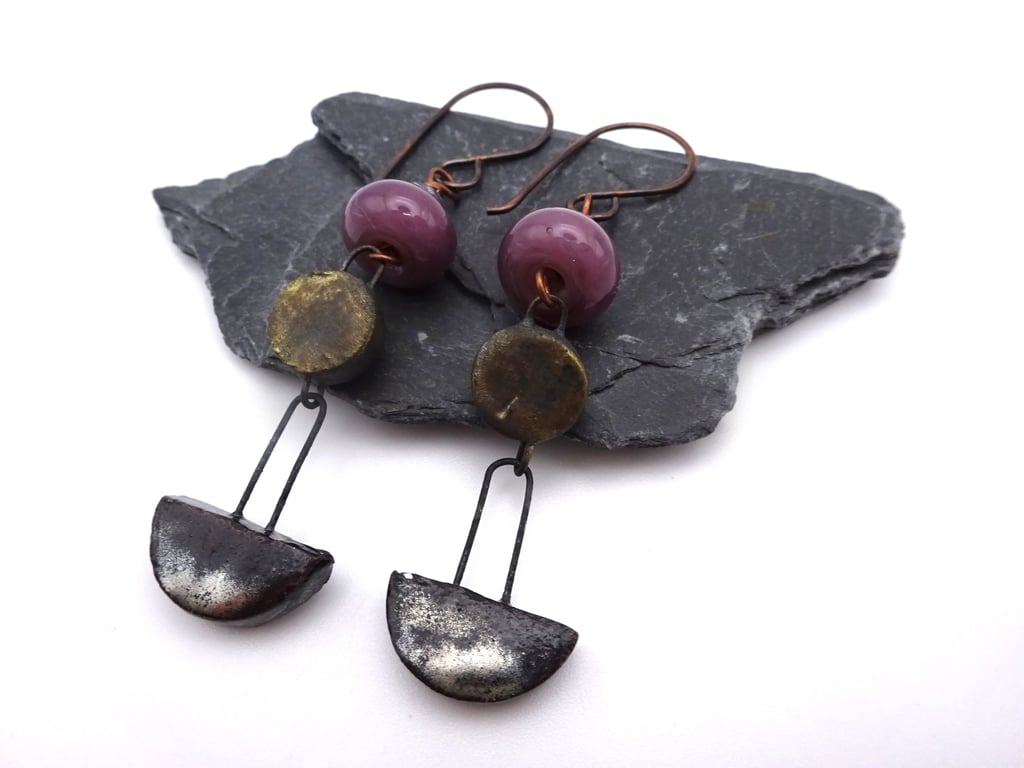 purple and copper lampwork glass earrings
