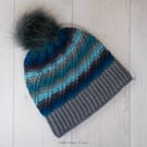 Blue and grey ombre ladies swirl pom pom hat. Crochet hat. Ladies hat.