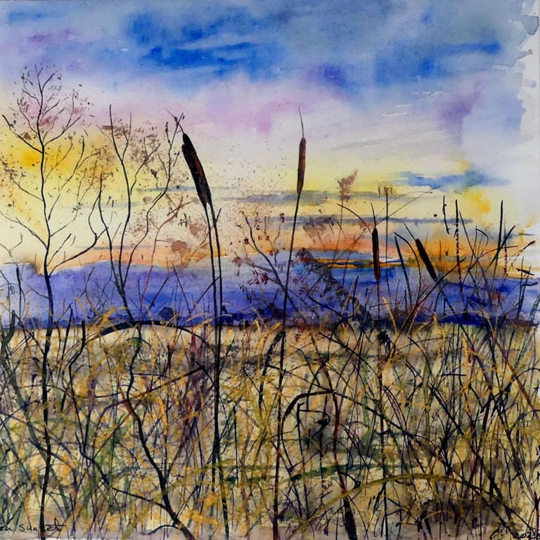 Original Fen Sunset Landscape Watercolour