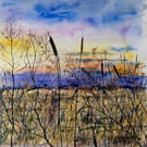 Original Fen Sunset Landscape Watercolour