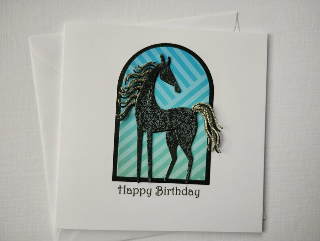 Black and Grey Dappled Stallion - Happy Birthday Handmade Card 
