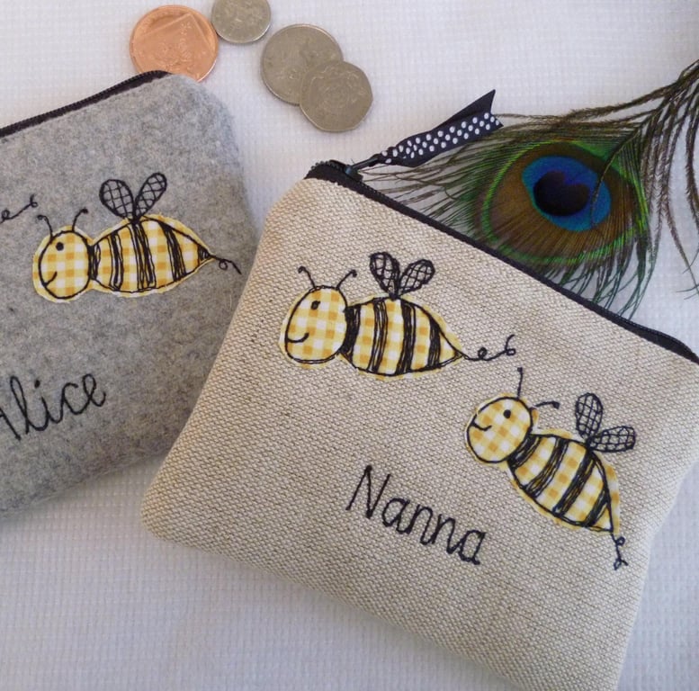 Personalised Bee Coin Purse - Custom Grey or Linen Bee Applique Wallet Pouch