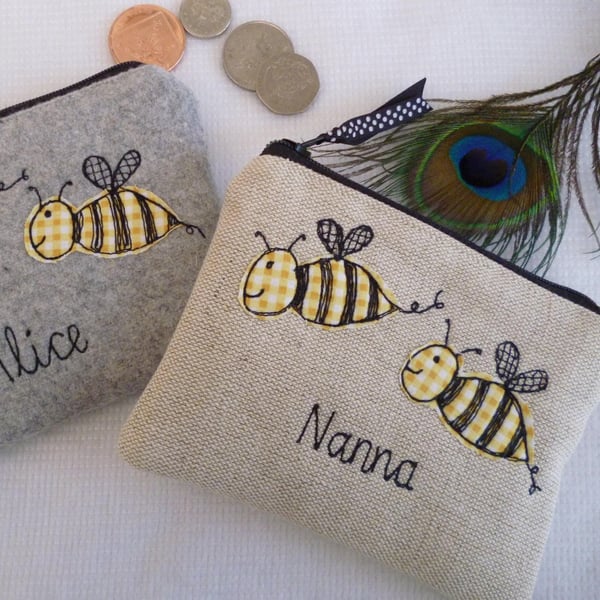 Personalised Bee Coin Purse - Custom Grey or Linen Bee Applique Wallet Pouch