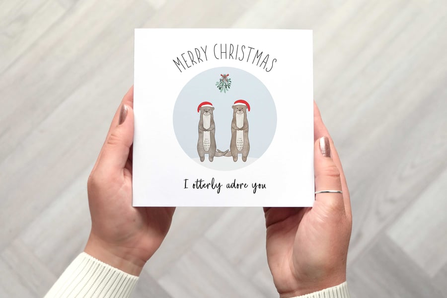 Cute Otter Christmas Card, Merry Christmas I otterly adore you