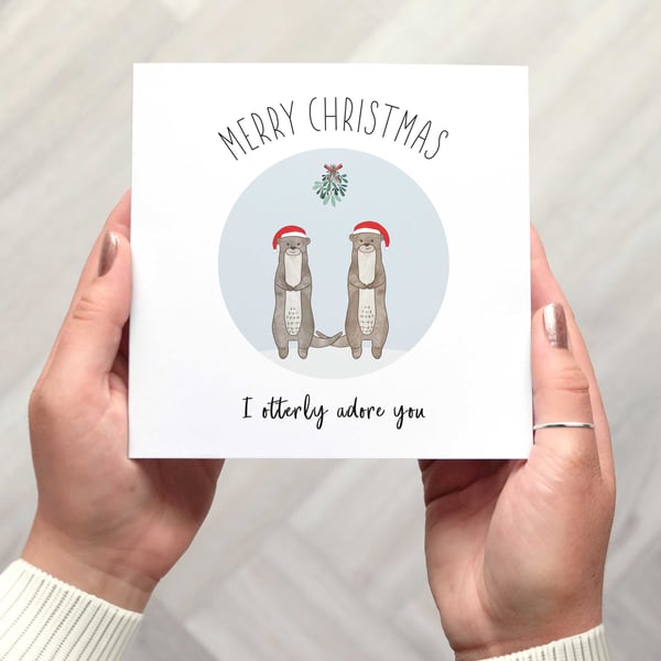 Cute Otter Christmas Card, Merry Christmas I otterly adore you