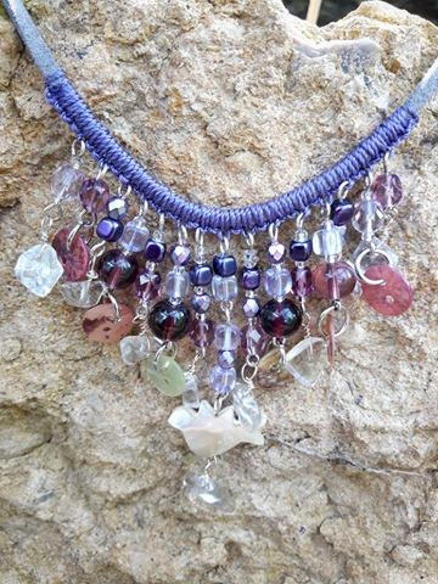 SALE 50% OFF Macrame Necklace with Mother of Pearl and Clear Quartz Gemstone