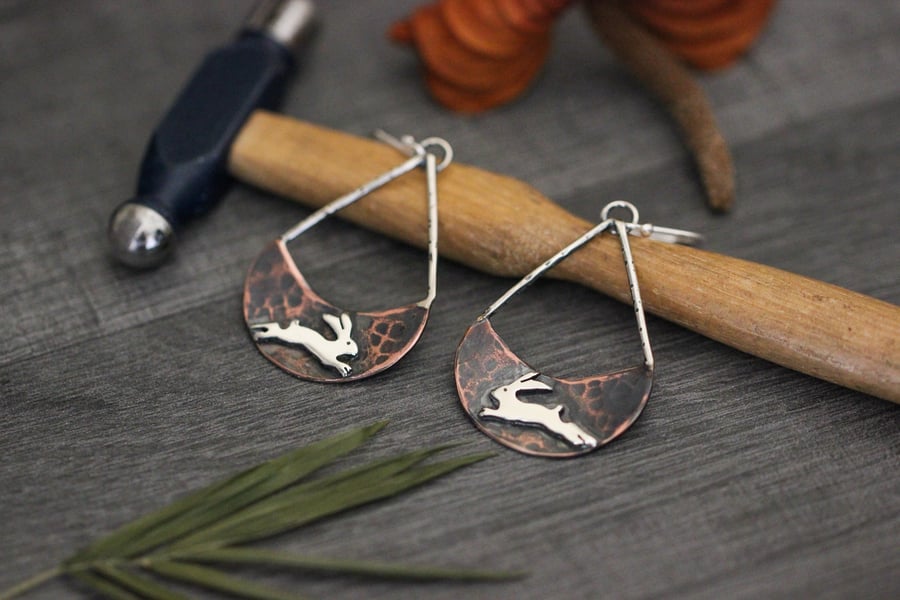 Jumping Hare Earrings - Copper and Sterling Silver