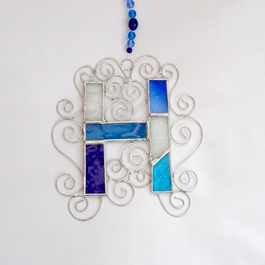 Stained Glass Letter H Suncatcher - Blue