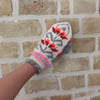 Hand knitted White Grey Orange Pink Wool Mittens Fairisle Nordic Winter