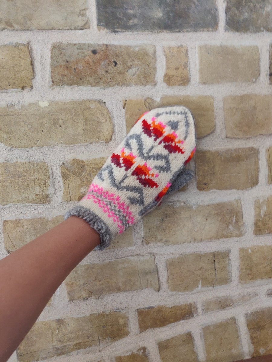 Hand knitted White Grey Orange Pink Wool Mittens Fairisle Nordic Winter