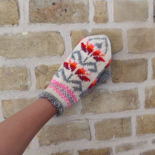 Hand knitted White Grey Orange Pink Wool Mittens Fairisle Nordic Winter