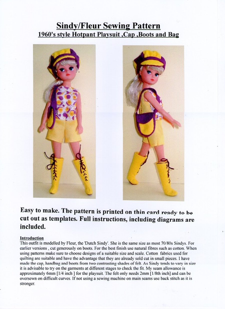 Sindy or Fleur Sewing Pattern for 1960's Playsuit, Cap, Boots and Bag