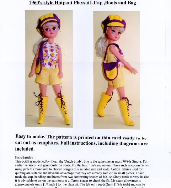 Sindy or Fleur Sewing Pattern for 1960's Playsuit, Cap, Boots and Bag