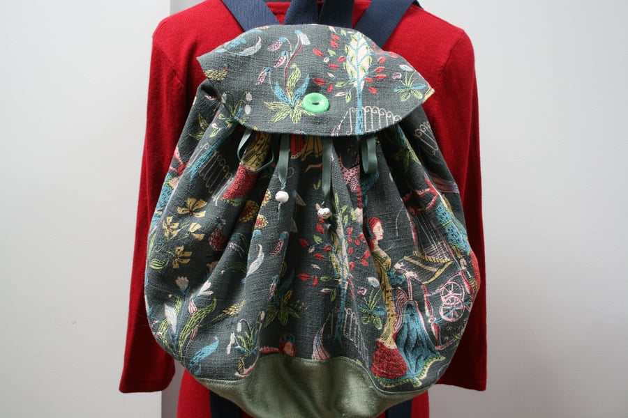 Large tote backpack - upcycled vintage curtains unusual weaving spinning print