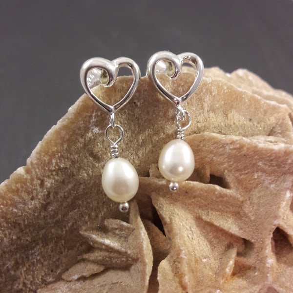 Sterling Silver Heart and Pearl Earrings