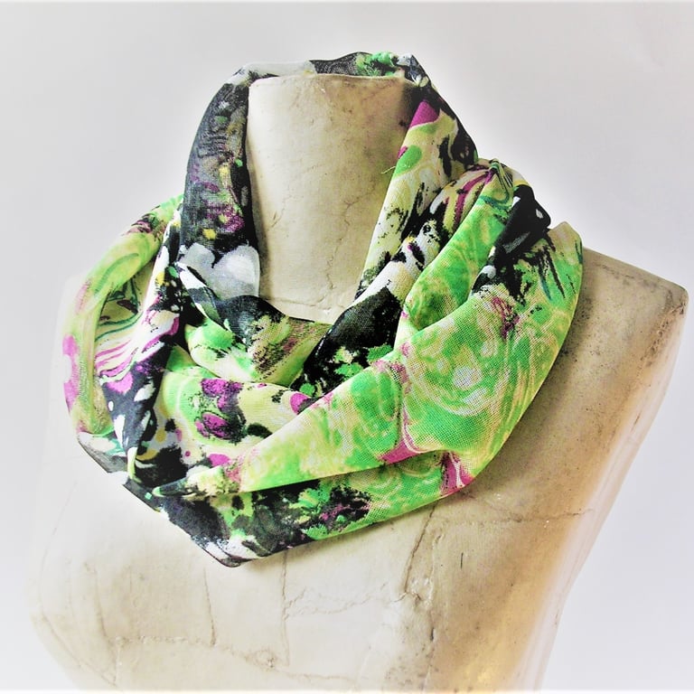 Abstract floral swirls, lightweight Infinity Loop Scarf in green, black gauze